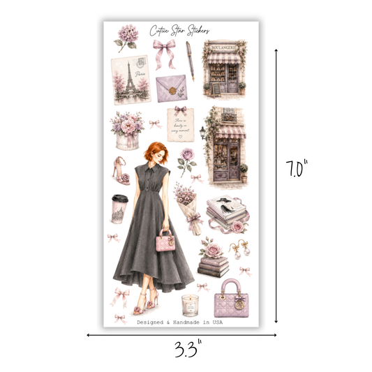 Parisian Fashion Sticker Sheet, French Girl, Paris Journal, Romantic Watercolor, Feminine Planner
