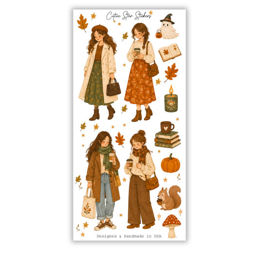Watercolor Autumn Fashion Girls Romantic Sticker Sheet, Cozy Fall Journaling