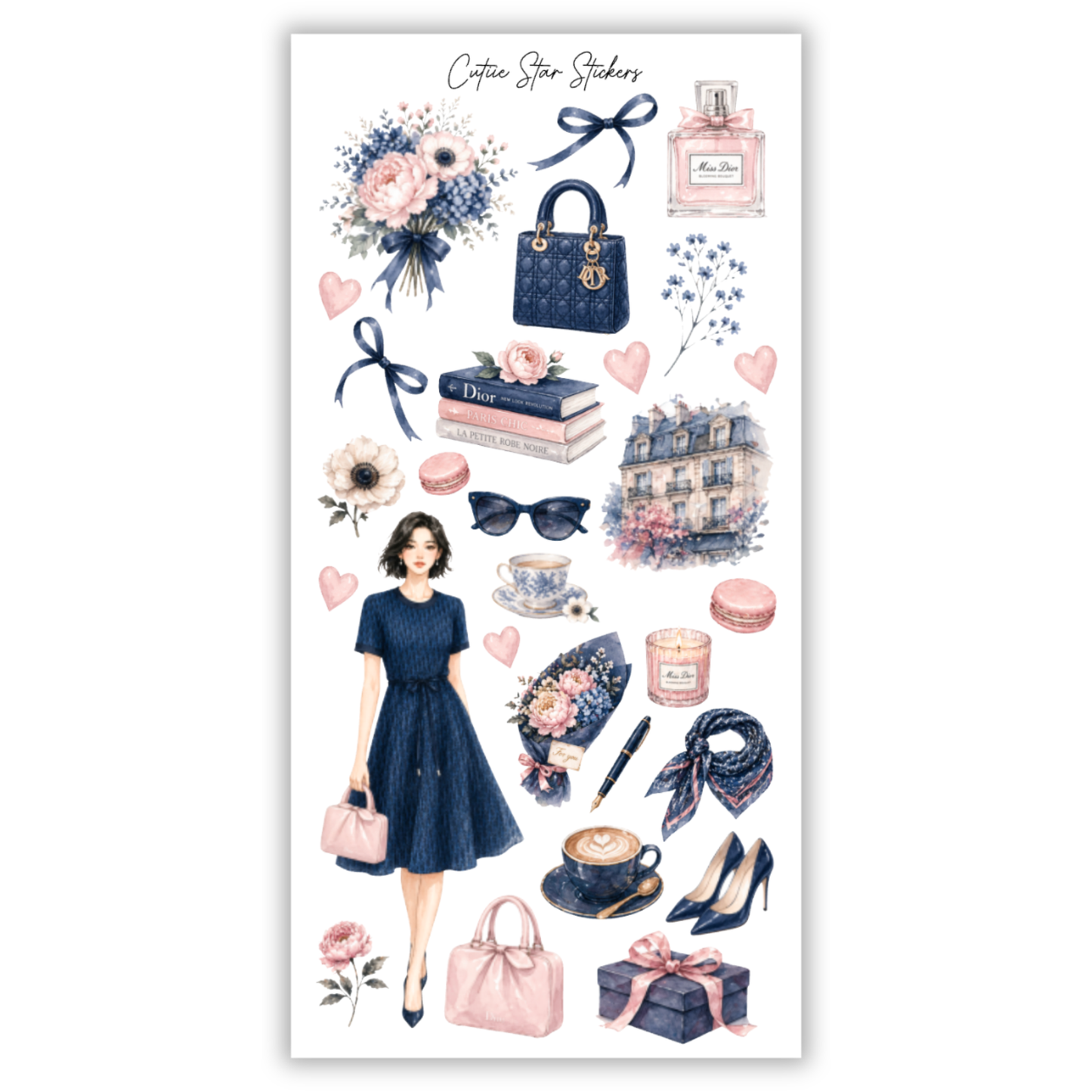 Solene Parisian Navy Coquette Fashion Stickers – Vintage Chic Planner, Journal & Feminine Aesthetic Sticker Collection