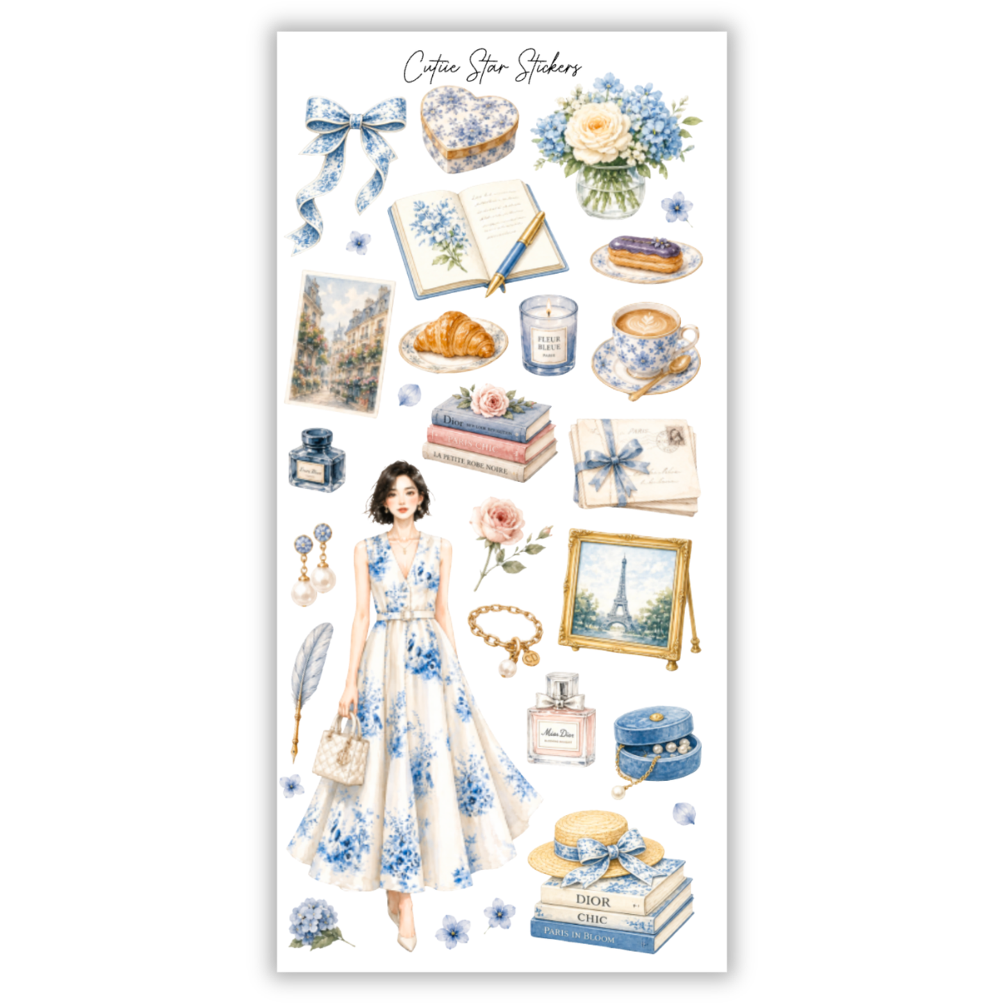 Lia French Blue Floral Fashion Stickers – Parisian Coquette Planner, Journal & Vintage Aesthetic Sticker Collection