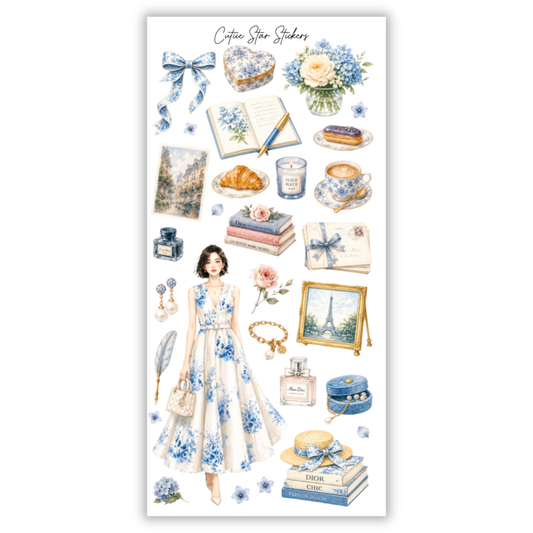 Lia French Blue Floral Fashion Stickers – Parisian Coquette Planner, Journal & Vintage Aesthetic Sticker Collection