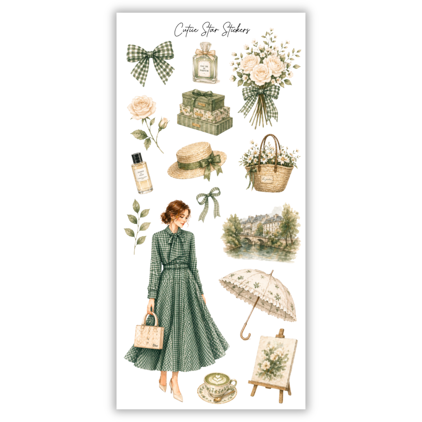 Camille Stickers – Green Coquette Aesthetic Planner, Journal & Feminine Scrapbook Sticker Collection