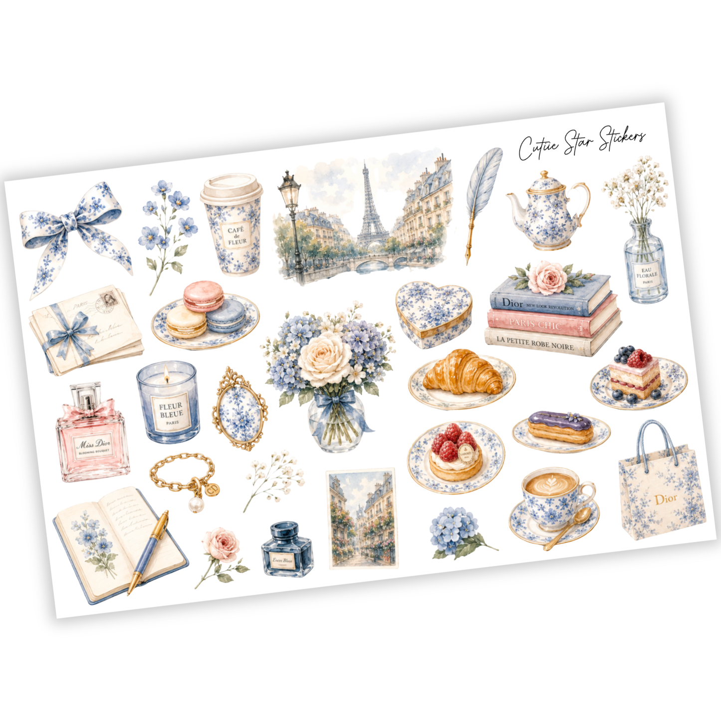 Fashion Sticker Bundle – 10 Sticker Sheets | Parisian Chic, Floral, Vintage Blue Aesthetic Journal Stickers