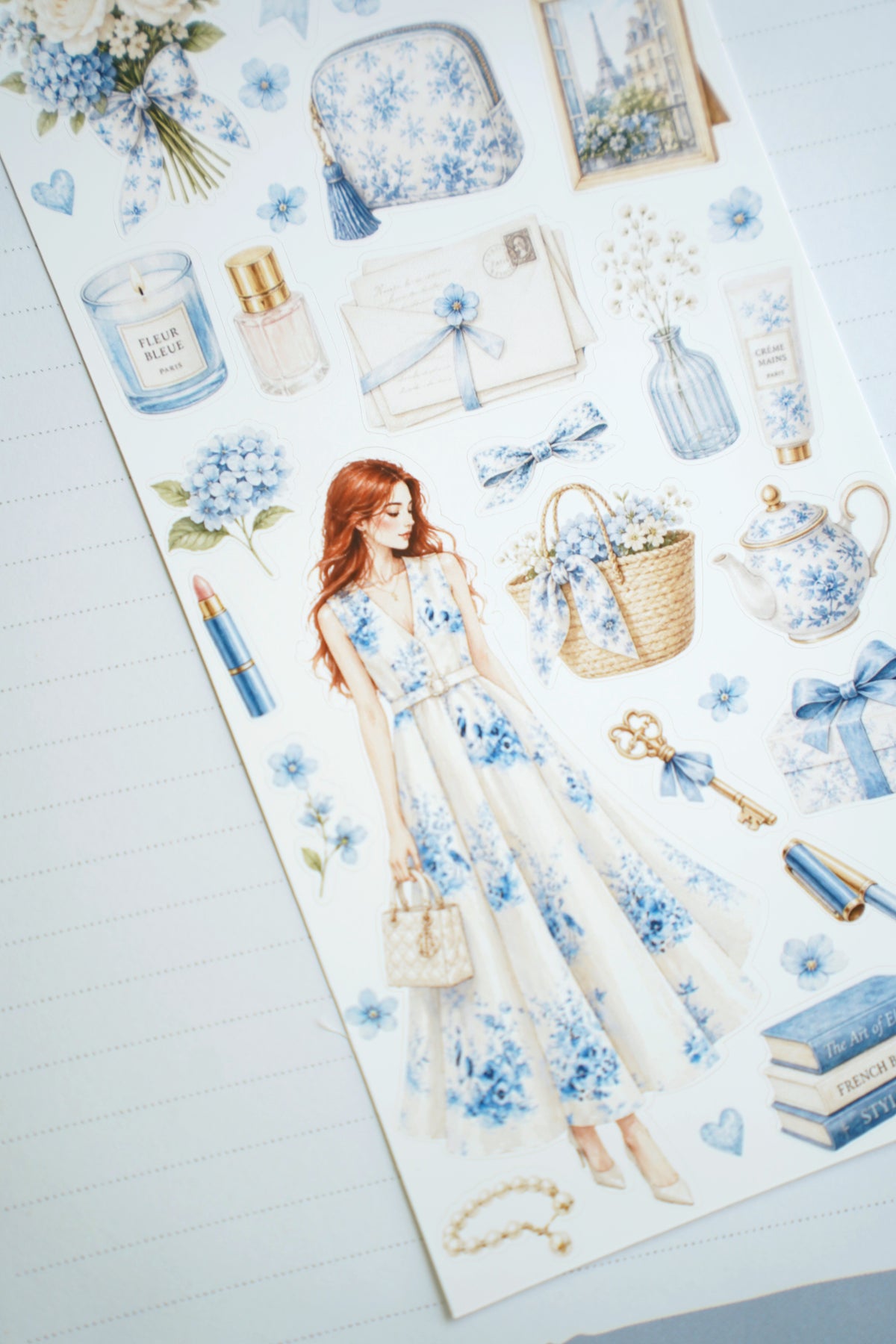 Elodie Blue Floral Parisian Fashion Stickers – Coquette Vintage Planner, Journal & Feminine Aesthetic Sticker Collection