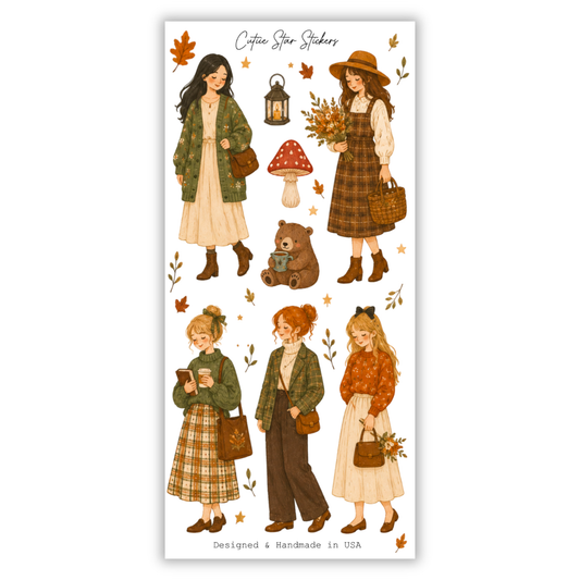 Watercolor Autumn Fashion Girls Romantic Sticker Sheet, Cozy Fall Journaling