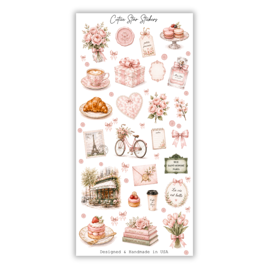 Paris Pink French Sticker Sheet, Parisian Journal, French Café Planner, Romantic Watercolor