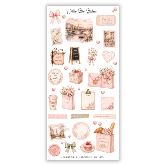 Paris Pink French Sticker Sheet, Parisian Journal, French Café Planner, Romantic Watercolor