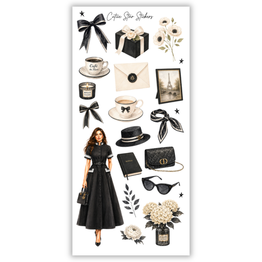 Leonie Parisian Fashion Girl Sticker Collection – Elegant Black Dress, Coquette Aesthetic, Vintage Chic Planner & Journal Stickers