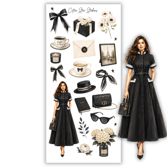 Leonie Parisian Fashion Girl Sticker Collection – Elegant Black Dress, Coquette Aesthetic, Vintage Chic Planner & Journal Stickers