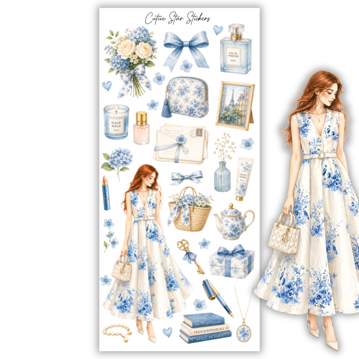 Elodie Blue Floral Parisian Fashion Stickers – Coquette Vintage Planner, Journal & Feminine Aesthetic Sticker Collection