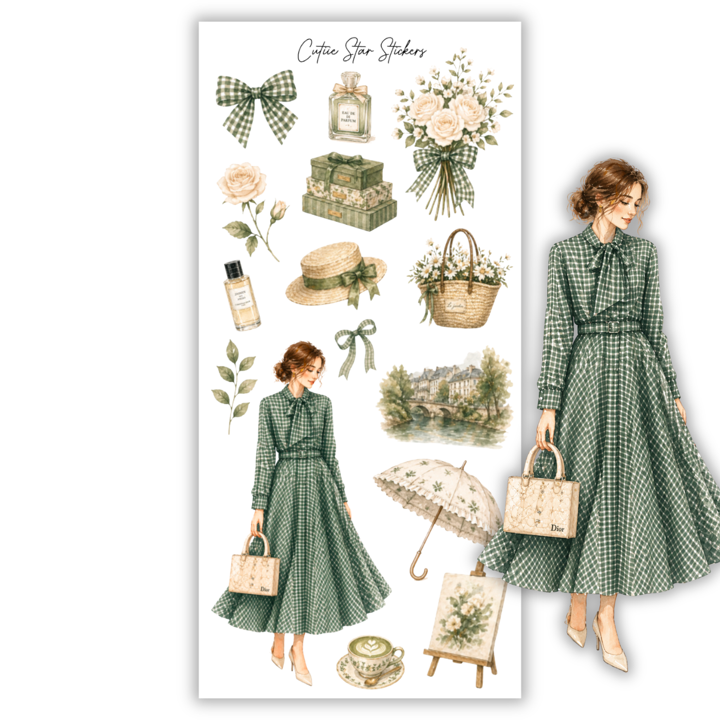 Camille Stickers – Green Coquette Aesthetic Planner, Journal & Feminine Scrapbook Sticker Collection