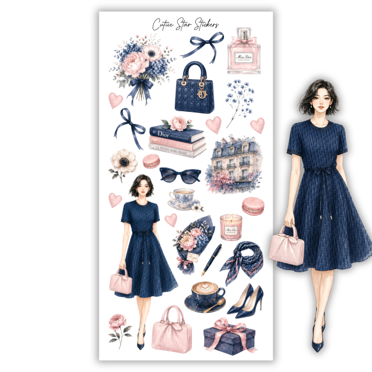 Solene Parisian Navy Coquette Fashion Stickers – Vintage Chic Planner, Journal & Feminine Aesthetic Sticker Collection