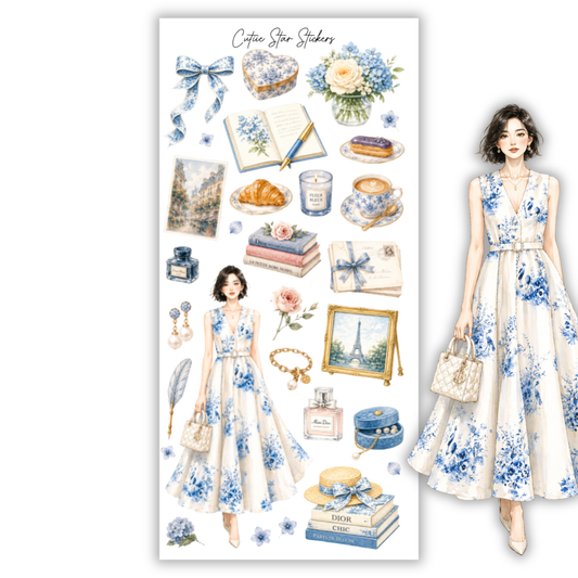 Lia French Blue Floral Fashion Stickers – Parisian Coquette Planner, Journal & Vintage Aesthetic Sticker Collection
