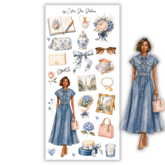 Maelys Parisian Denim Fashion Stickers – Coquette Blue Aesthetic Planner, Journal & Vintage Chic Sticker Collection