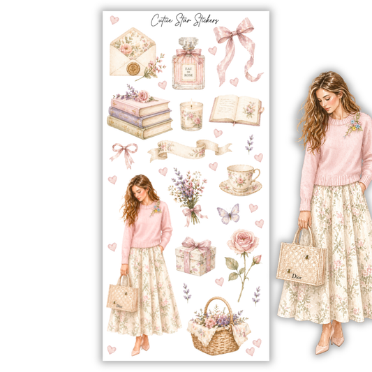 Louise Romantic Floral Pink Fashion Stickers – Pink Coquette Planner, Journal & Vintage Floral Sticker Collection