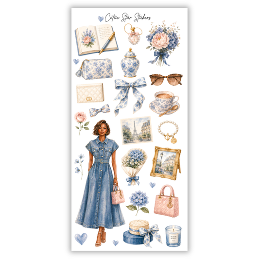 Maelys Parisian Denim Fashion Stickers – Coquette Blue Aesthetic Planner, Journal & Vintage Chic Sticker Collection