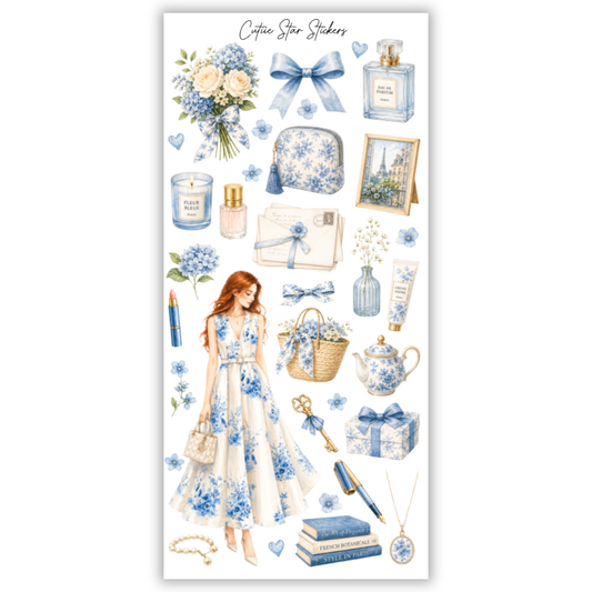 Elodie Blue Floral Parisian Fashion Stickers – Coquette Vintage Planner, Journal & Feminine Aesthetic Sticker Collection