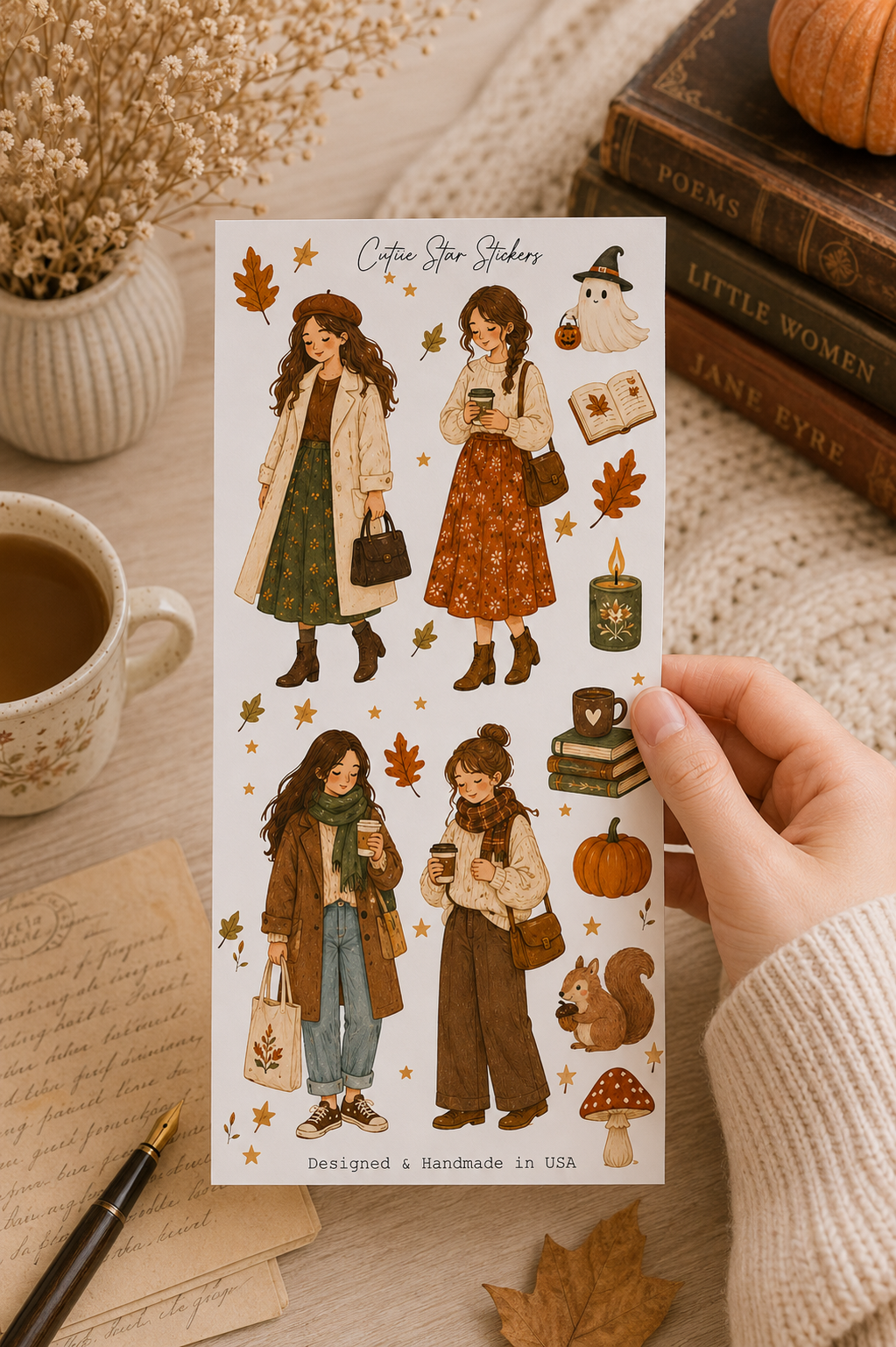 Watercolor Autumn Fashion Girls Romantic Sticker Sheet, Cozy Fall Journaling