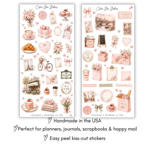 Paris Pink French Sticker Sheet, Parisian Journal, French Café Planner, Romantic Watercolor