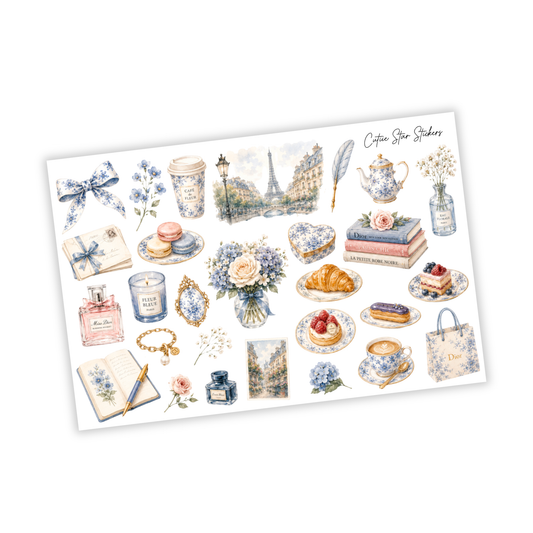 Parisian Blue Aesthetic Sticker Sheet – Coquette Vintage Planner, Journal & French Café Sticker Collection