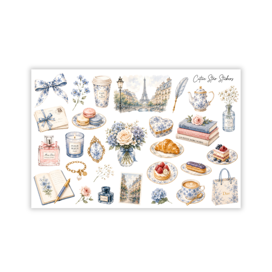 Parisian Blue Aesthetic Sticker Sheet – Coquette Vintage Planner, Journal & French Café Sticker Collection