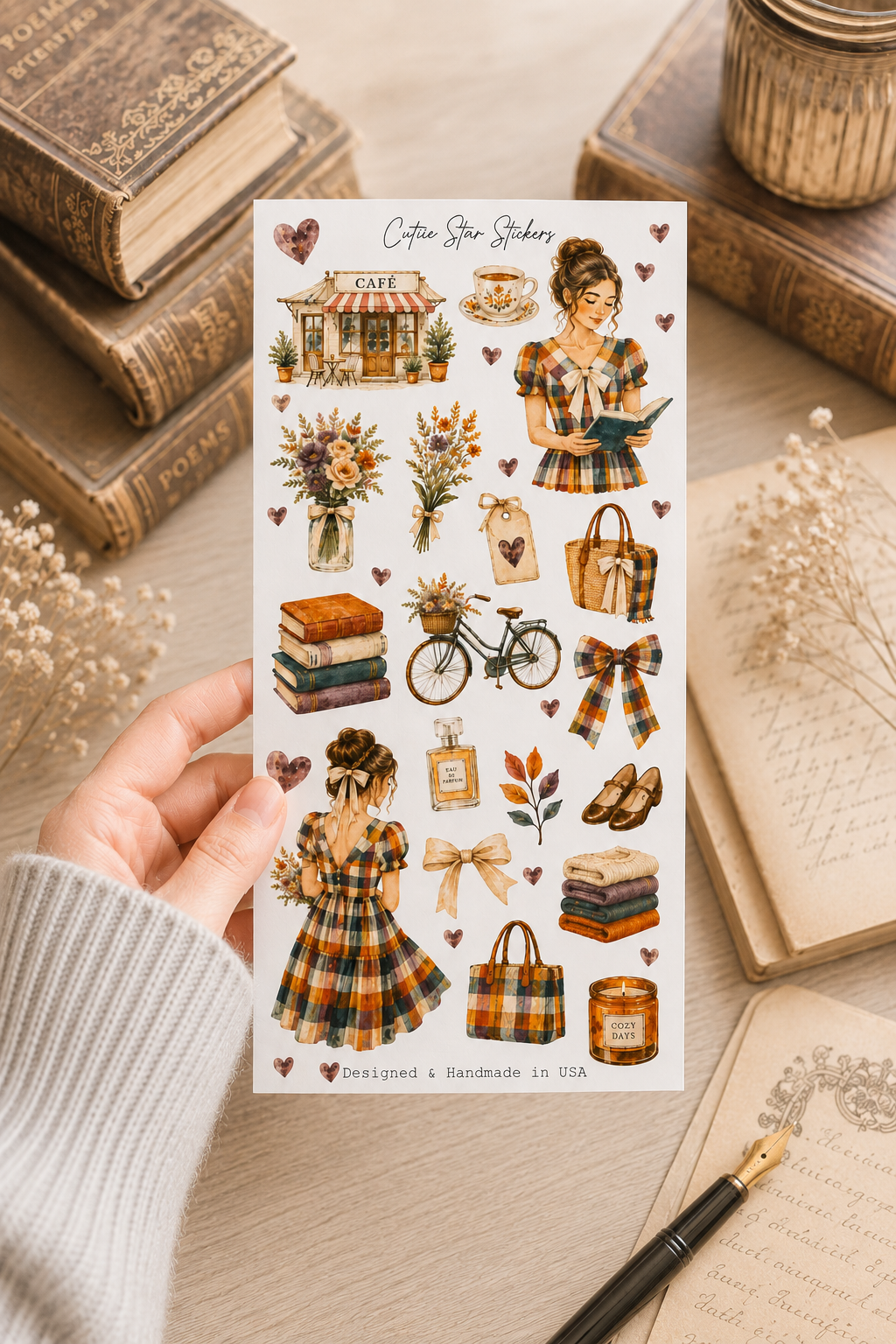 Cozy Fall Stickers, Autumn Girl Sticker Sheet, Bookish Planner, Fall Journal, Watercolor Café & Fashion