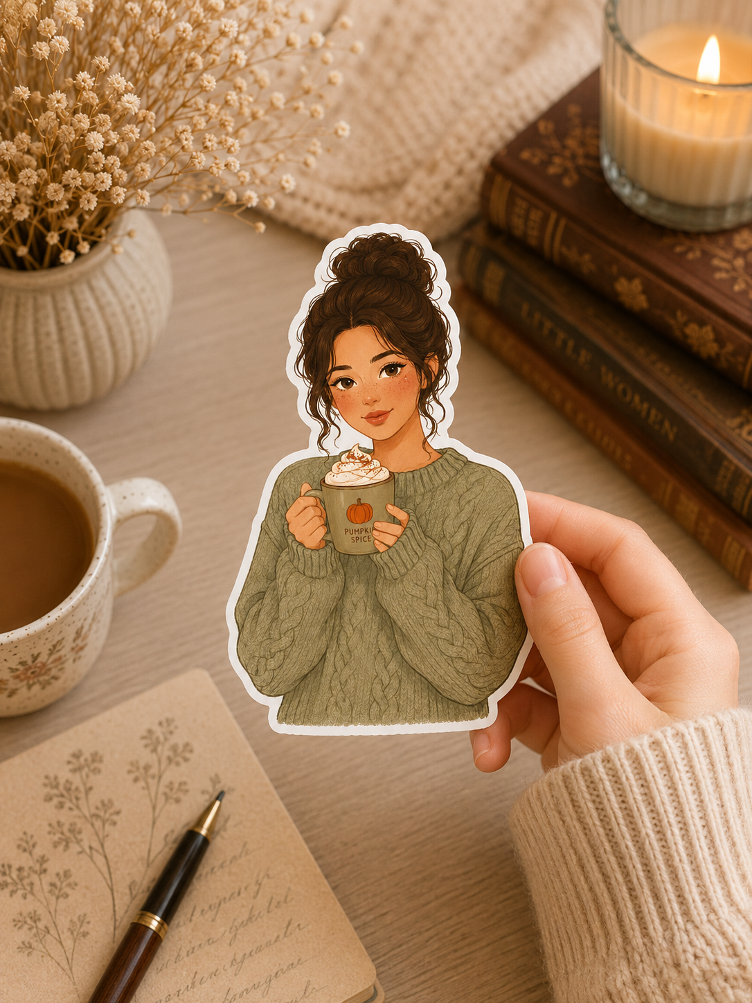Set 3 Die Cut Stickers Autumn Fall Girl Coffee