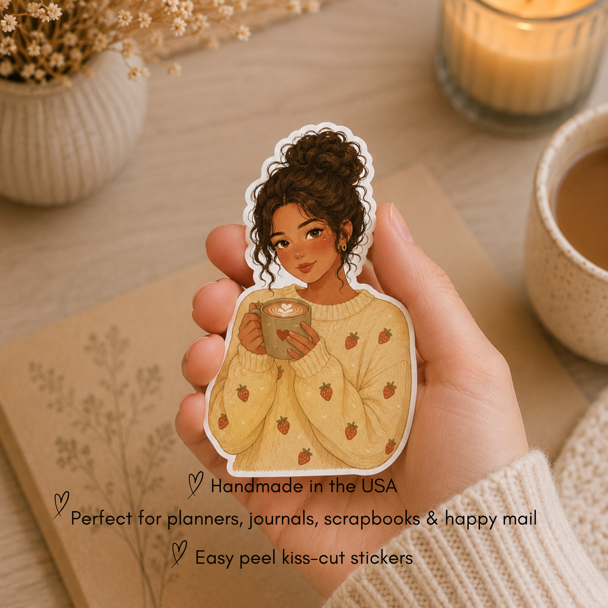 Set 3 Die Cut Stickers Autumn Fall Girl Coffee