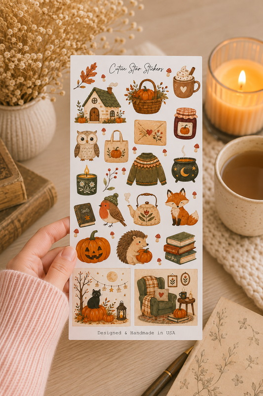 Watercolor Autumn Sticker Sheet, Woodland Halloween, Cottagecore Pumpkin