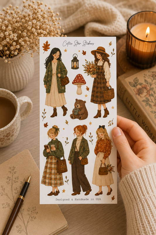 Watercolor Autumn Fashion Girls Romantic Sticker Sheet, Cozy Fall Journaling