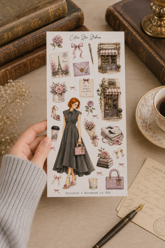 Parisian Fashion Sticker Sheet, French Girl, Paris Journal, Romantic Watercolor, Feminine Planner