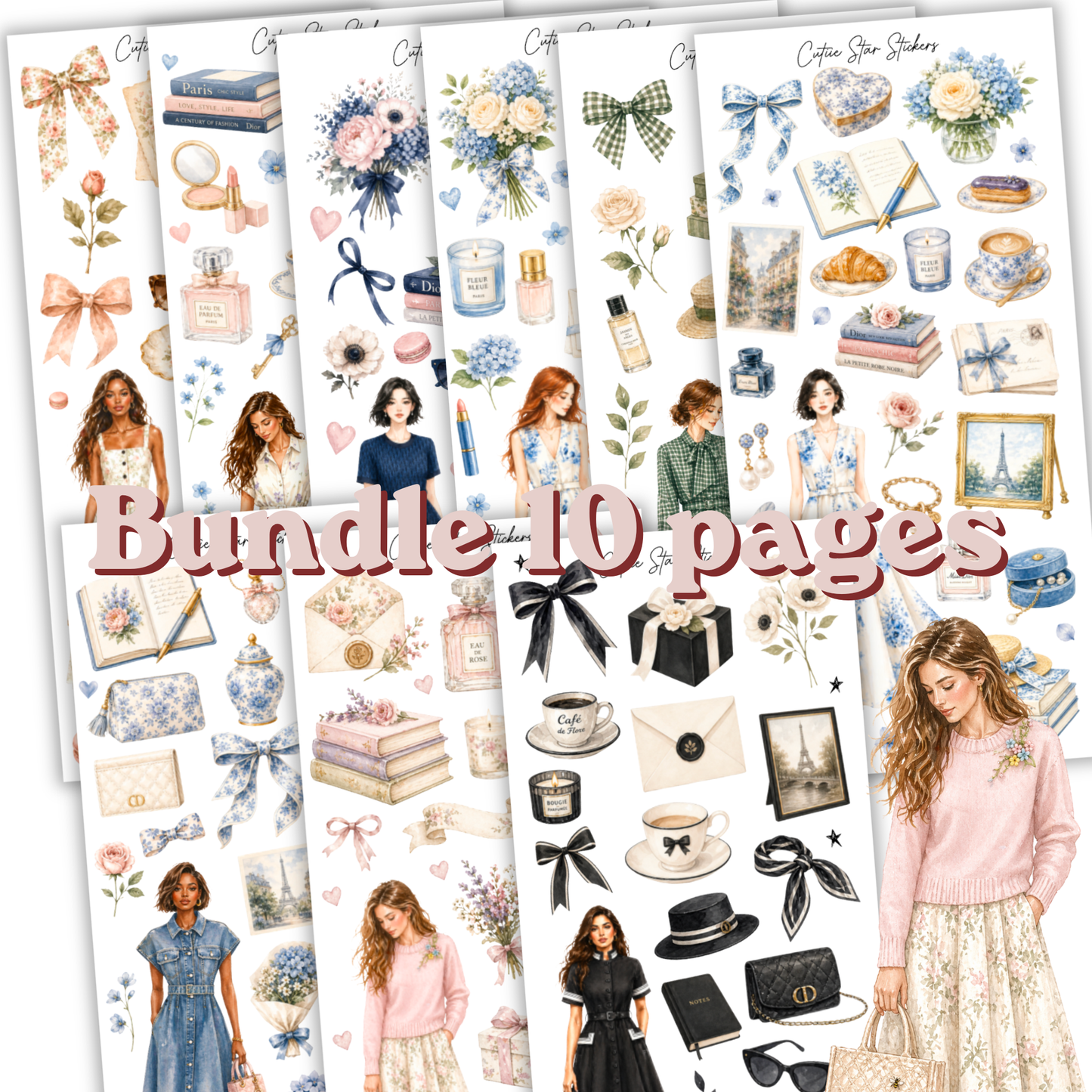 Fashion Sticker Bundle – 10 Sticker Sheets | Parisian Chic, Floral, Vintage Blue Aesthetic Journal Stickers