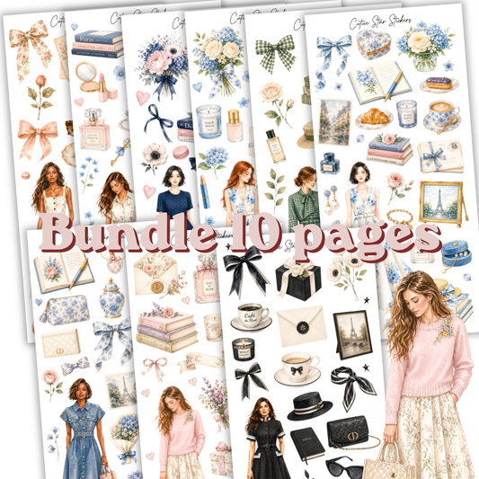 Fashion Sticker Bundle – 10 Sticker Sheets | Parisian Chic, Floral, Vintage Blue Aesthetic Journal Stickers
