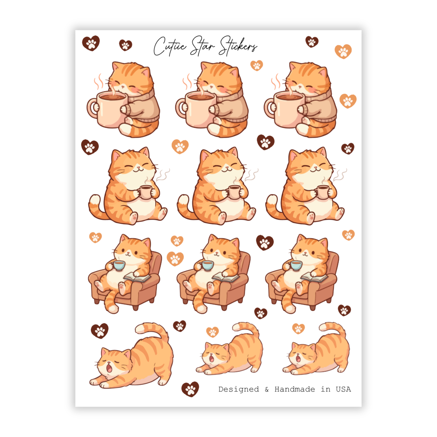 Coffee Cute Cat Stickers | Kawaii Kitty Sticker Sheet for Journaling & Planners