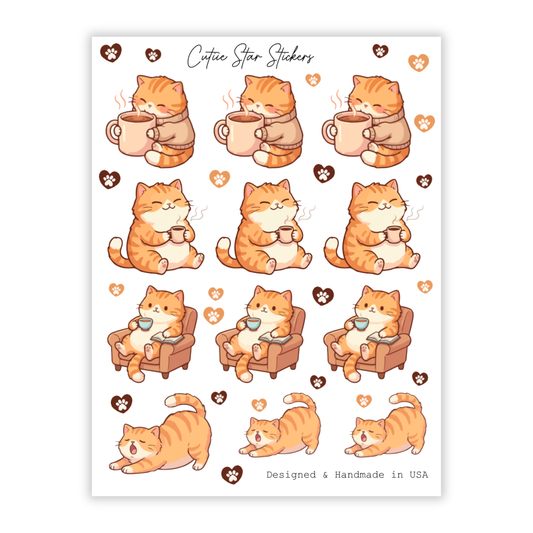 Coffee Cute Cat Stickers | Kawaii Kitty Sticker Sheet for Journaling & Planners